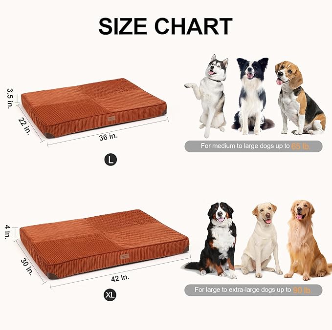 FUKUMARU Dog Bed, Plush Corduroy Orthopedic Dog Beds with Washable Cover, Large Waterproof Dogs Bed for Crate, Egg Crate Foam Support Pet Mat, Cozy Pet Bed Mat with Anti-Slip Bottom, Orange