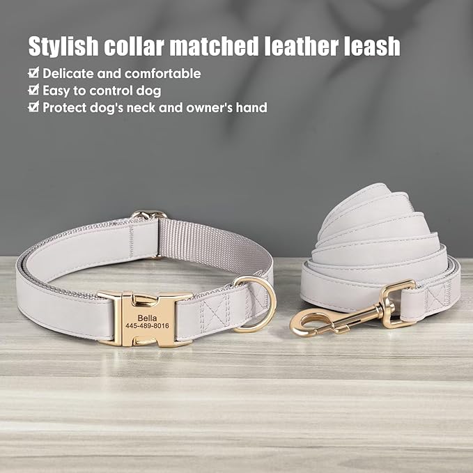 PET ARTIST Personalized Dog Collars, Custom Engraved Dog Collar with Silent Name Tag, Gold Quick Released Buckle & Soft Nylon Padded, Elegant Colors & Matching Leash for Large Dogs,Gray,L Fit 16-27"