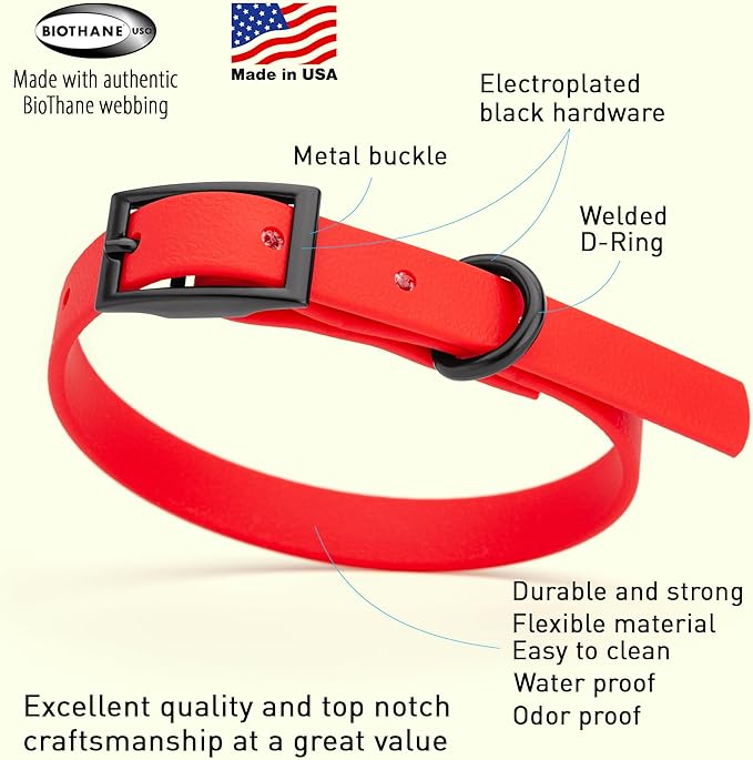 Dogline Biothane Coated Webbing Dog Collar with Black Metal Hardware: Durable Easy-Clean Everyday Collar for Dogs - Comfortable Adjustable Odor-Resistant Pet Collar, W1/2" x L9-12, Cherry Red