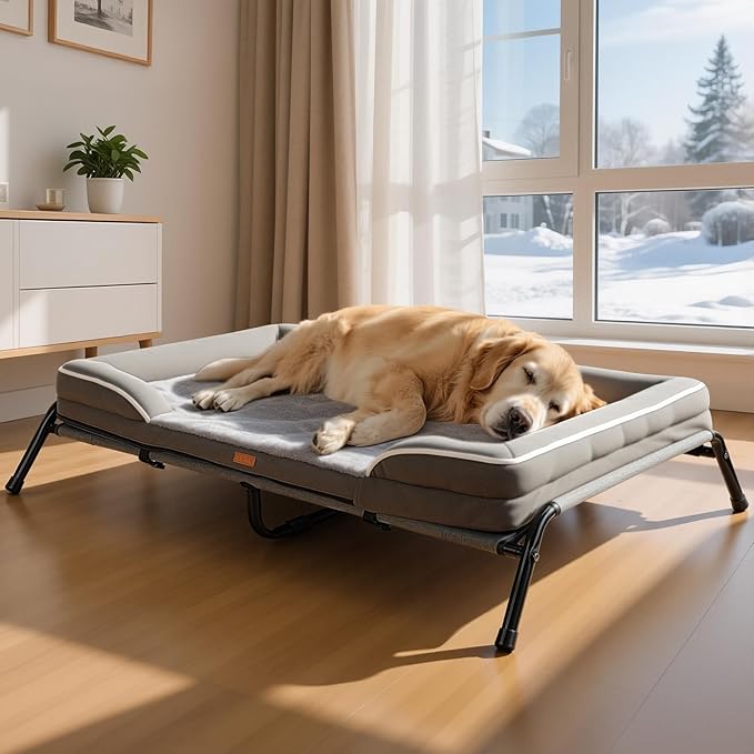 Lekereise Raised Dog Bed for Large Dog 46x33 Inch, Orthopedic Pet Beds with Waterproof Egg Crate Foam, Removable Dogs Couch Bed for Indoor Outdoor, 2-in-1 Design, Load 110lb, Grey