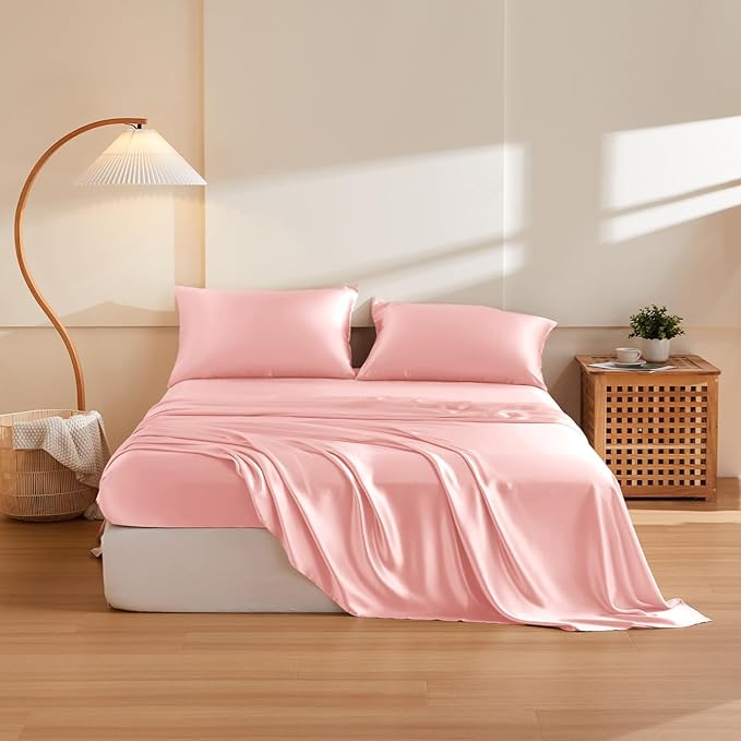 THXSILK Silk Sheet Set 4Pcs, 6A+ Top Grade 100% Pure Mulberry Silk Bed Sheets Ultra Soft Durable Luxury Bedding Sets, 1 Fitted Sheet, 1 Flat Sheet and 2 Pillowcases (Twin, Charming Pink)