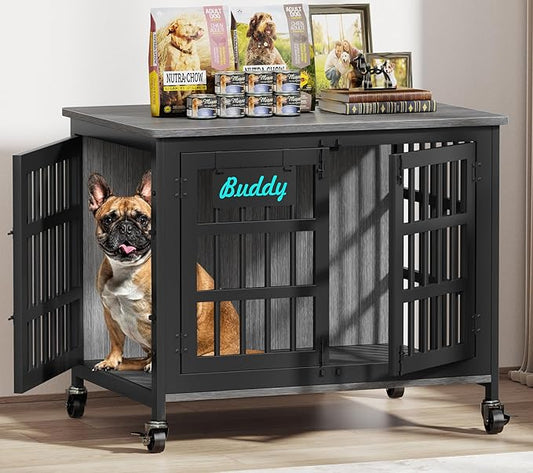 EasyCom 33"/27" Dog Crate Furniture with Name Tag, Heavy Duty Dog Kennel Indoor for Medium and Small Dogs, Double-Doors Sturdy Metal Dog Cage, Decorate House as TV Stand, End Table, Bedside Table