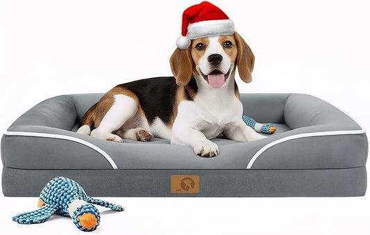 Homemate Dog Bed Medium Size Dog 28x23 inch with Orthopedic Foam Waterproof Outdoor Pet Cat Bed Sofa Supplies with Toy Dogs Crate Pad Couch with Removable Washable Cover & Non-Slip Botton Light Grey
