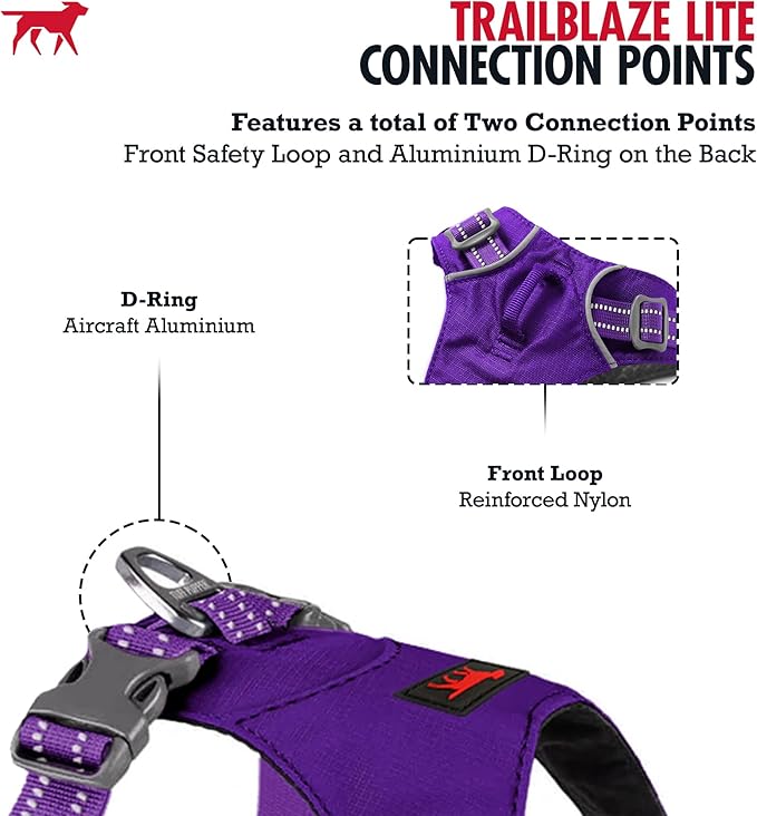 Tuff Pupper All-Day Wear Dog Harness | for Walking, Trail Running, Hiking | Front & Back Leash Clips | Reflective Trim | Easy On/Off Buckles | Lightweight Breathable | No Pull Design (XS, Purple)
