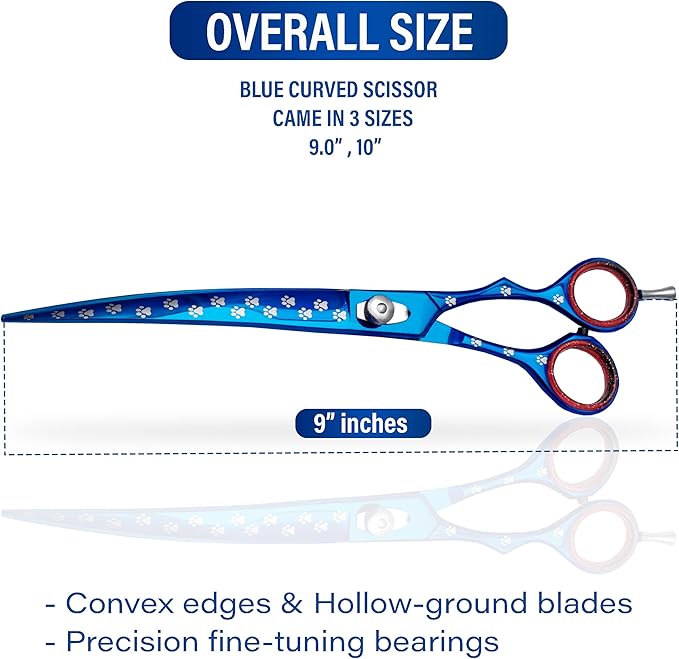 Pet Grooming Scissor Dog Curved Blade scissor Pet Grooming Scissors Dog Hair Cutting Shears with Bag for Professional Right Hand Pet Groomer (Blue Curved, 9.0")