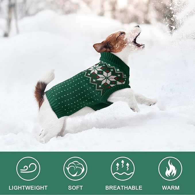 Kuoser Dog Christmas Sweater, Soft Warm Xmas Sweaters for Small Medium Large Dogs Boy Girl, Comfortable Dog Sweater with Leash Hole Snowflake Puppy Knit Outfit for Holiday Winter Fall, Green XL