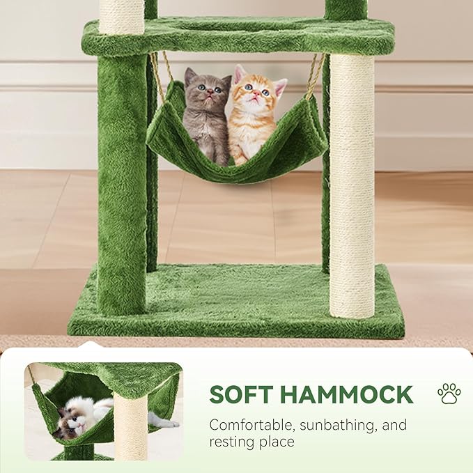 61 Inches Cat Tree Tower with Hammock, Tall Cat Tree with Scratching Post, Green Cat Shaped Design Tree for Indoor Large Cat, Large Cat Furniture with Pompoms for Living Room, Bed Room