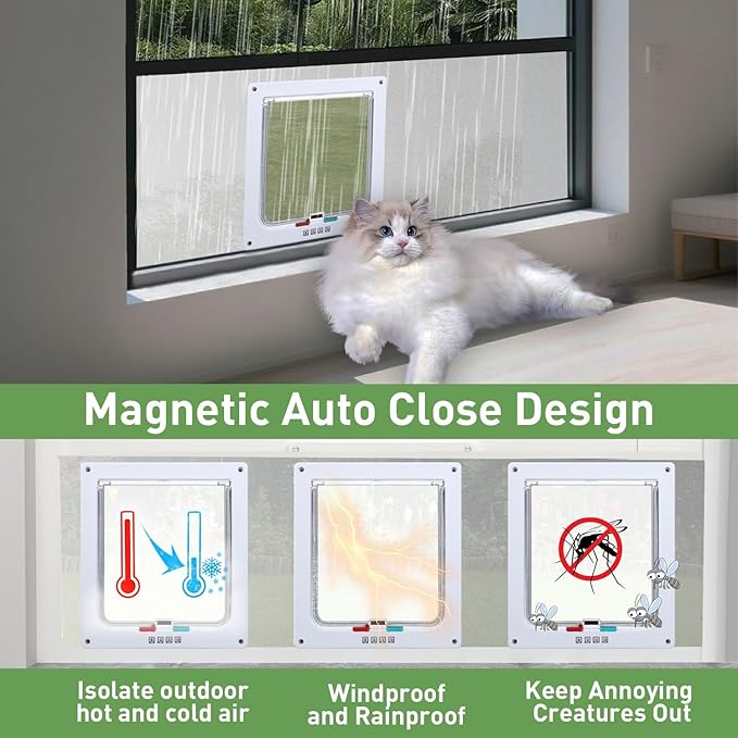 Cat Door for Window, Safety Cat Window with 4 Locking Modes, Fits 12" - 36" Window, Pet Friendly Window Cat Door Insert, Ease of Installation, Magnetic Closure, Weatherproof Design, Frosted Plexiglass