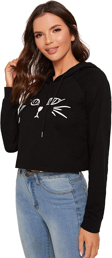 SweatyRocks Women's Long Sleeve Hoodie Crop Top Cat Print Sweatshirt