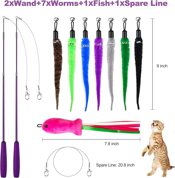 ZeyZoo Cat Toys for Indoor Cats, 11PCS Interactive Cat Toy Wand Pack, 2 Retractable Cat Wand & 7PCS Worm Teaser Refills, Plush Fish Kitten Toys, Cat Feather Fishing Pole Toy for Play Chase Exercise