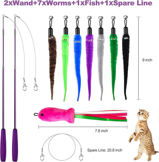 ZeyZoo Cat Toys for Indoor Cats, 11PCS Interactive Cat Toy Wand Pack, 2 Retractable Cat Wand & 7PCS Worm Teaser Refills, Plush Fish Kitten Toys, Cat Feather Fishing Pole Toy for Play Chase Exercise