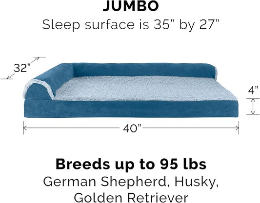 FurHaven Orthopedic Dog Bed for Large Dogs, L-Shaped Chaise Sofa with Orthopedic Egg Crate Foam for Joint Support, Removable Washable Cover, Jumbo/XL, Faux Fur & Suede, Marine Blue