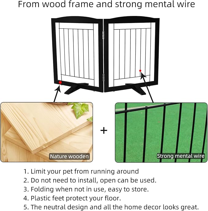 ZJSF Freestanding Dog Fence Indoor, Foldable Dog Gate for Doorways, Stairs or Hallways, Sturdy Wood Extra Wide Pet Gate with Support Feet for The House, Black, 24 "Height-2 Panels