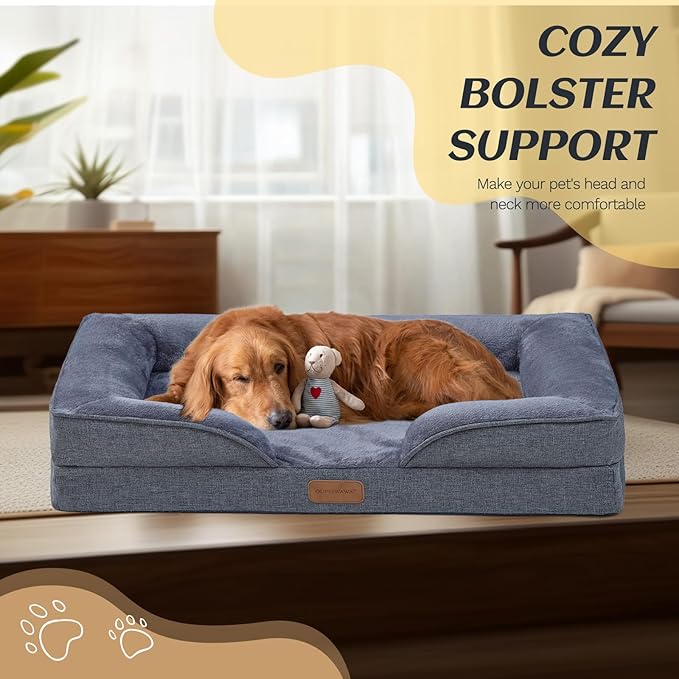 Large Dog Bed Orthopedic with Bolster Sides Removable Egg-Crate Foam Waterproof Liner Pet Bed Sofa Couch with Removable Washable Cover Non-Slip Bottom, Dark Gray