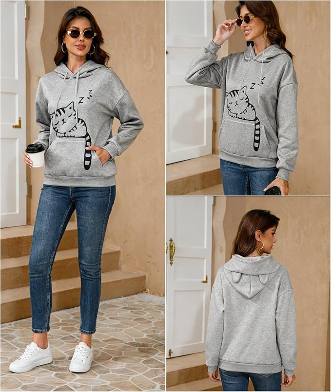 Women Girl Hoodies Cute Cat Ear Novelty Printed Pullover Sweatshirt