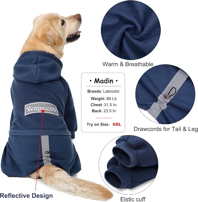 Dog Hoodies Winter Coat for Large Medium Dogs, Pullover 9 Legs Warm Coat Hooded Sweatshirt, Fleece Hoodie for Cold Weather (Dark Blue, X-Large)