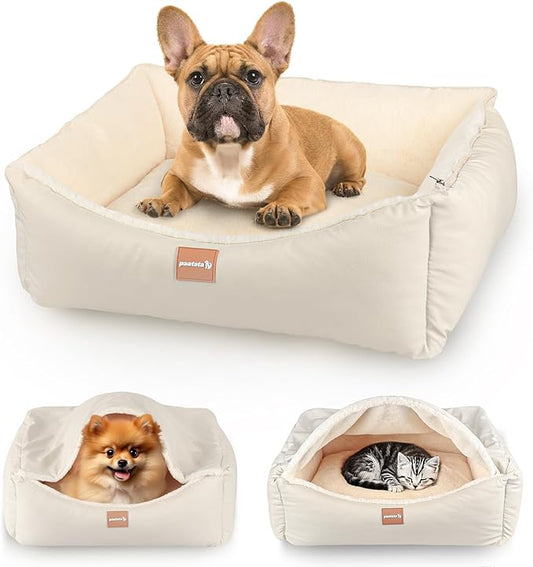 Calming Dog Bed for Medium Dogs,All-Season Leather,Non-Slip One-Key Detachable Washable Dog Bed for Small Dogs Cat Pet Beds with Sides and Cover (White, Medium)