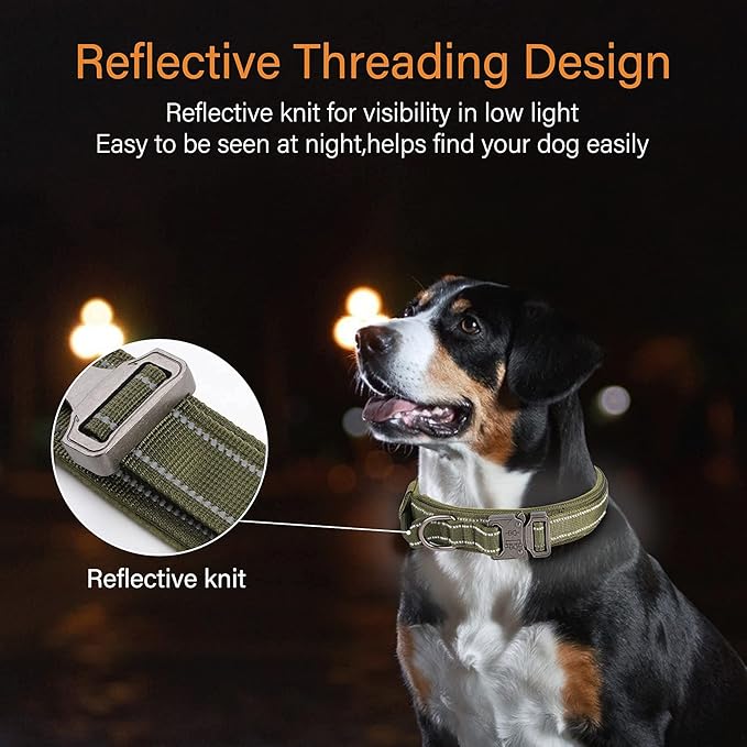 KCUCOP Tactical Dog Collar for Medium & Large Dogs - Military Nylon Heavy Duty Collar with Handle, Reflective Strip & Metal Buckle for Training, Outdoor (Green Reflective, XLarge)