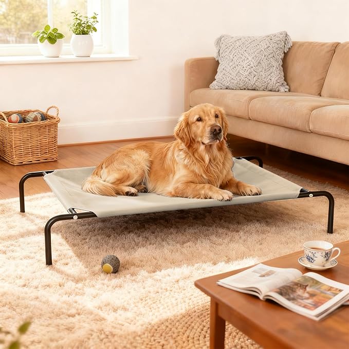 Elevated Dog Bed for Large Dogs, Washable Raised Cot with Skid-Resistant Feet, Waterproof Cooling Dog Beds with Oxford Cloth, Indoor/Outdoor Use, Khaki 50in