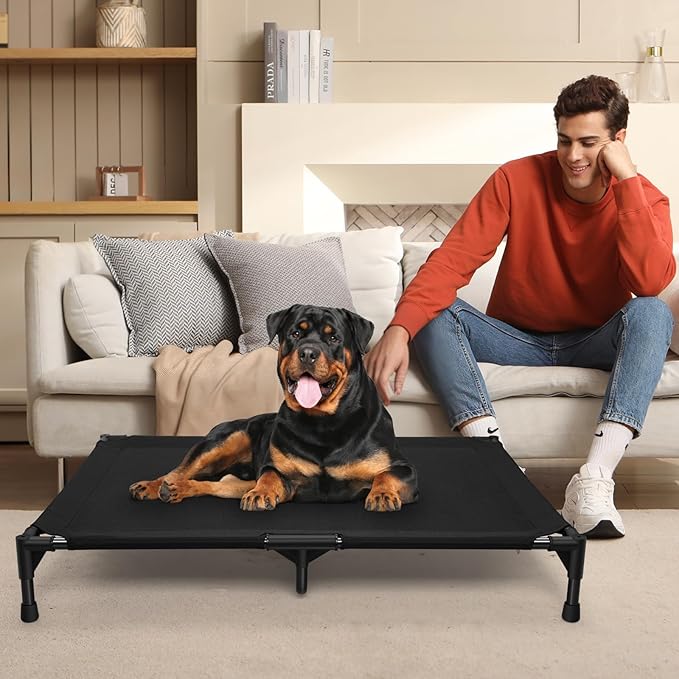 Love&go Elevated Dog Bed with Metal Frame, Cooling Raised Pet Cot for Dog and Cat (Large- 34.5x25.5x5.5 inch, L - Black Bed)