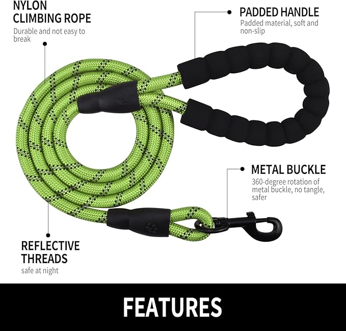 5/6 FT Strong Pet Dog Leash with Soft Padded Handle,Highly Reflective Rope for Night Walking,360-Degree Rotating Metal Buckle Without Tangles,Suitable for Small,Medium and Large Dogs.(6ft)