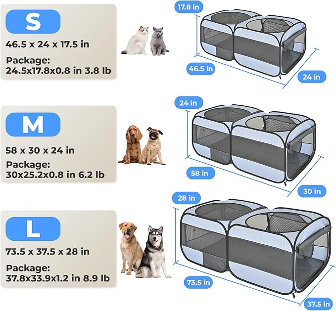 2-in-1 Dog Playpen, 73''Pop Up Cat Puppy Pet Playpen Indoor/Outdoor Cats Enclosed, Cat Dog Tent Crate Cage Kennel, Portable Playpen for Kitten, Small Animals Play Pen(No Divider, Unified Space)