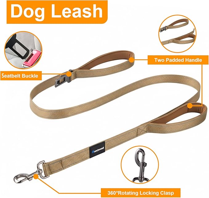 Annchwool No Pull Dog Harness, Collar & Leash Set|Reflective Dog Harness+Heavy Duty Dog Collar+Dog Leash with Double Handle & Car Seatbelt Clip|Easy for Walking Medium Large Size Dogs(Brown,L)