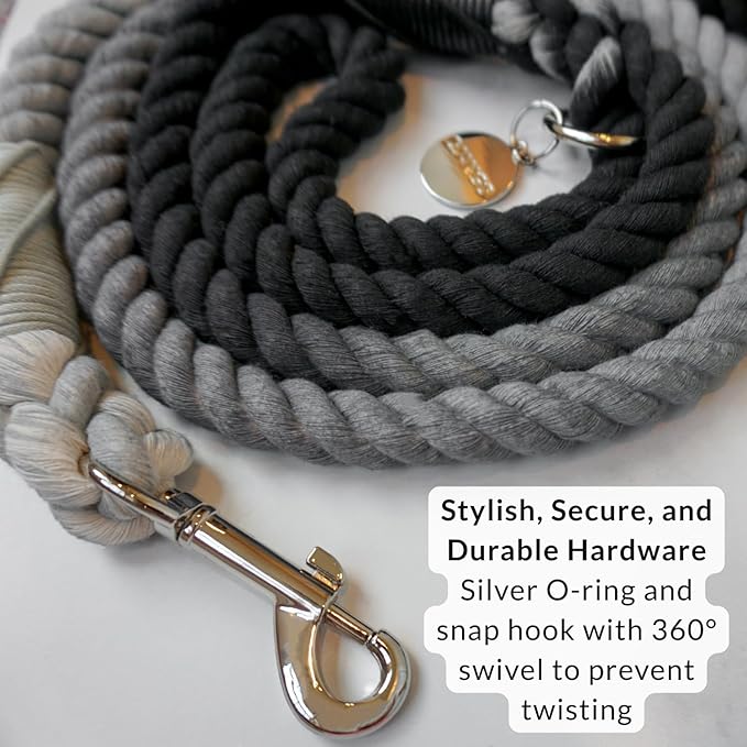 DJANGO Cotton Rope Dog Leash 5ft – Handcrafted Dog Leash and Black Ombre Braided Leash for Small, Medium, and Large Dogs – Stylish Durable 5 Foot Training Lead with Silver Hardware – Poppy Seed Gray