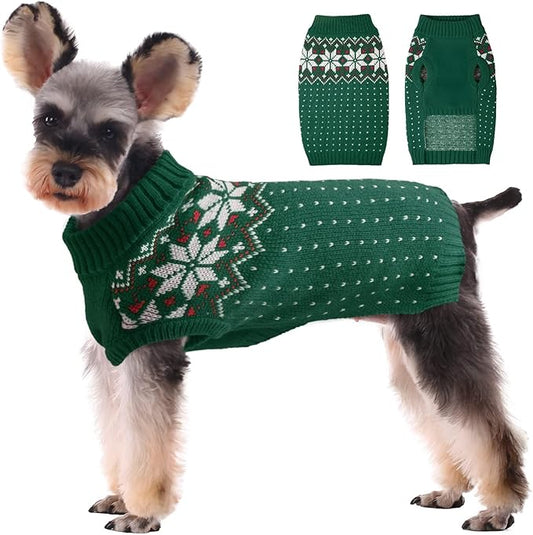 Kuoser Dog Christmas Sweater, Soft Warm Xmas Sweaters for Small Medium Large Dogs Boy Girl, Comfortable Dog Sweater with Leash Hole Snowflake Puppy Knit Outfit for Holiday Winter Fall, Green S