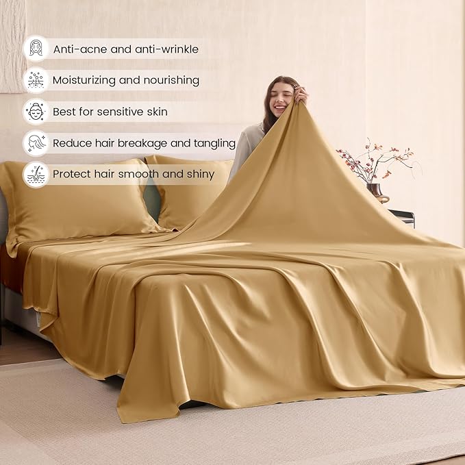 THXSILK Silk Sheet Set 4Pcs, 6A+ Top Grade 100% Natural Mulberry Silk Bed Sheets, Luxury Bedding Sets Ultra Soft Durable, 1 Fitted Sheet, 1 Flat Sheet and 2 Pillow Shams (Cal. King, Metallic Gold)