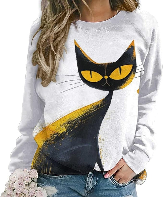Biacolum Long Sleeve Shirts for Women Mid Century Retro Style Atomic Cat 3D Graphic Sweatshirts Fall Crewneck Pullover Top