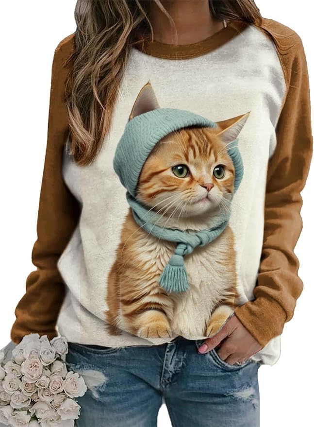 IVERIRMIN Womens 3D Cat Crewneck Sweatshirts Casual Cute Long Sleeve Shirts Pullover Tops Graphic Loose Fit Sweater for Women