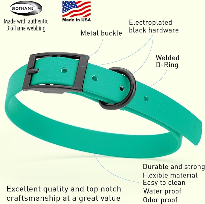 Dogline Biothane Coated Webbing Dog Collar with Black Metal Hardware: Durable Easy-Clean Everyday Collar for Dogs - Comfortable Adjustable Odor-Resistant Pet Collar, W3/4" x L15-18, Teal