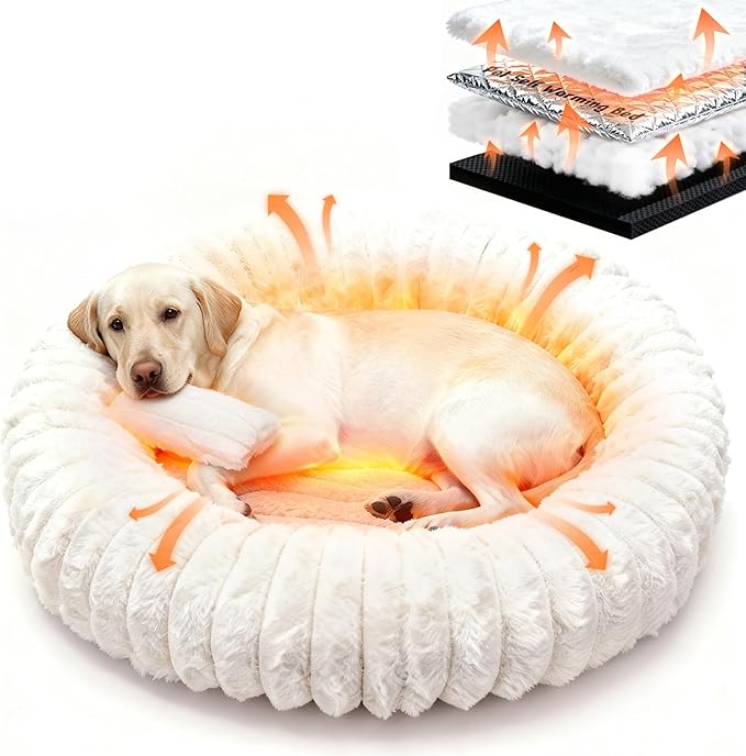 Self Warming Pet Bed, Donut Dog Bed for Large Dogs - Pet Bed with Removable Cover, Self-Heating Winter Pet Beds for Medium & Big Dogs, Egg Tart Design (L)