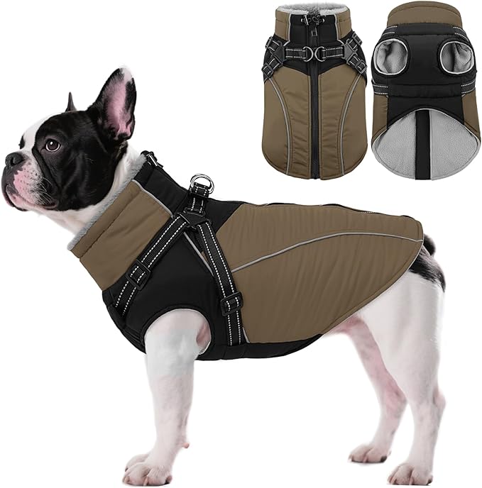 ASENKU Reflective Dog Coat with Built-in Harness, Windproof Fleece-Lined Dog Jacket for Small, Medium, Large Dogs, Warm Winter Vest with Turtleneck & Zipper (Khaki S)