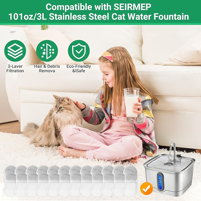 12+12 Pack Cat Water Fountain Filters Replacement for SEIRMEP 101oz/3L Stainless Steel Cat Water Fountain, Includes 12 Filters & 12 Sponges