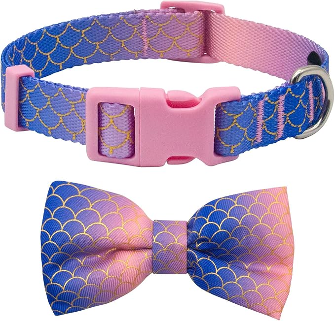 azuza Bowtie Dog Collar Mermaid, Soft & Comfy Dog Collar with Removable Bow Gradient Color Size Adjustable Dog Collars for Small Dogs