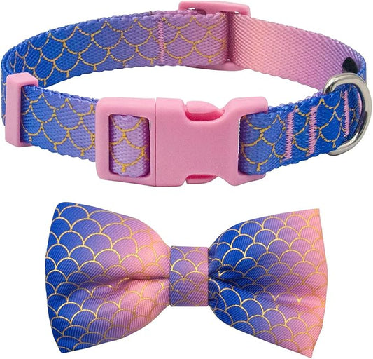 azuza Bowtie Dog Collar Mermaid, Soft & Comfy Dog Collar with Removable Bow Gradient Color Size Adjustable Dog Collars for Small Dogs