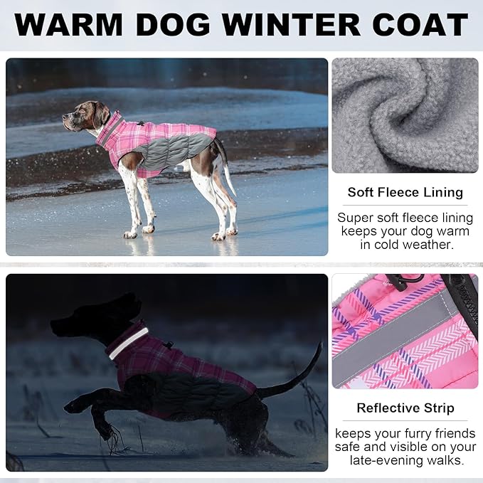 BEAUTYZOO Dog Winter Coat with Harness Built in, Reflective Plaid Puffer Vest Waterproof for Small Dogs, Fleece Warm Puppy Zipped Jacket with D Ring, Pet Cold Weather Sweater Clothes, Pink S