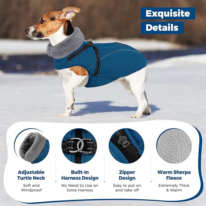 Queenmore Small Dog Coat,Dog Coat for Small Dogs,Reflective Windproof Dogs Jackets with Built-in Harness,Doggy Winter Jacket with Zipper On Back,Warm Pet Coats with Fleece Lining,Blue,S