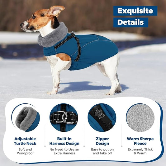 Queenmore Dog Coat,Windproof Dog Coat for Medium Dogs,Dogs Jackets with Harness Built in,Waterproof Doggy Coats with Zipper On Back,Reflective Cold Weather Coats for Dachshund，Boston Terrier,Blue,M