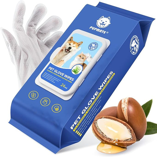Pet Cleaning Glove Wipes for Dogs & Cats, Hypoallergenic Deodorizing Disposable Bathing Wipes,No-Rinse Grooming Wipes, Extra Thick,Perfect for Pet Dry Cleaning,Daily Care and Travel,24 pcs