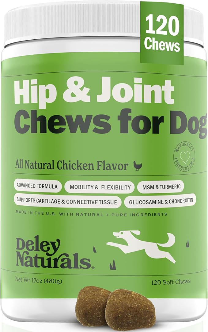 Deley Naturals Hip and Joint Supplement for Dogs - Glucosamine for Dogs with MSM, Turmeric, Chondroitin & Collagen Supplements - Joint Support Chews for Mobility, Flexibility & Comfort - 120 Chews