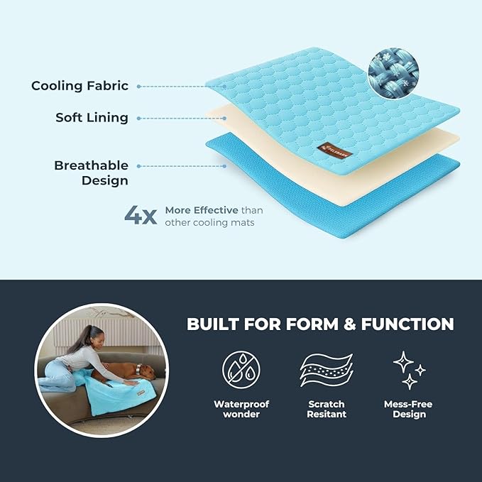 Pelsbarn Dog Cooling Mat- Ice Silk Summer Comfort, Self Cooling, Non-Slip Dog Pad, Durable & Washable, Mat for Small Dogs 18" x 21", Support Shelter Dogs with Every Purchase (Blue)