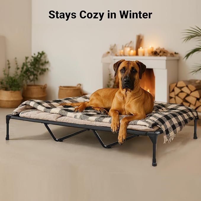 Veehoo Outdoor Elevated Dog Bed Large Sized Dogs, XXL Cooling Raised Dog Cots Beds Training Platform Off Ground Hammock with Breathable Mesh, No-Slip Feet, 59"x37.5", Brown