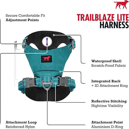Tuff Pupper All-Day Wear Dog Harness | for Walking, Trail Running, Hiking | Front & Back Leash Clips | Reflective Trim | Easy On/Off Buckles | Lightweight Breathable | No Pull Design (XXXS, Teal)