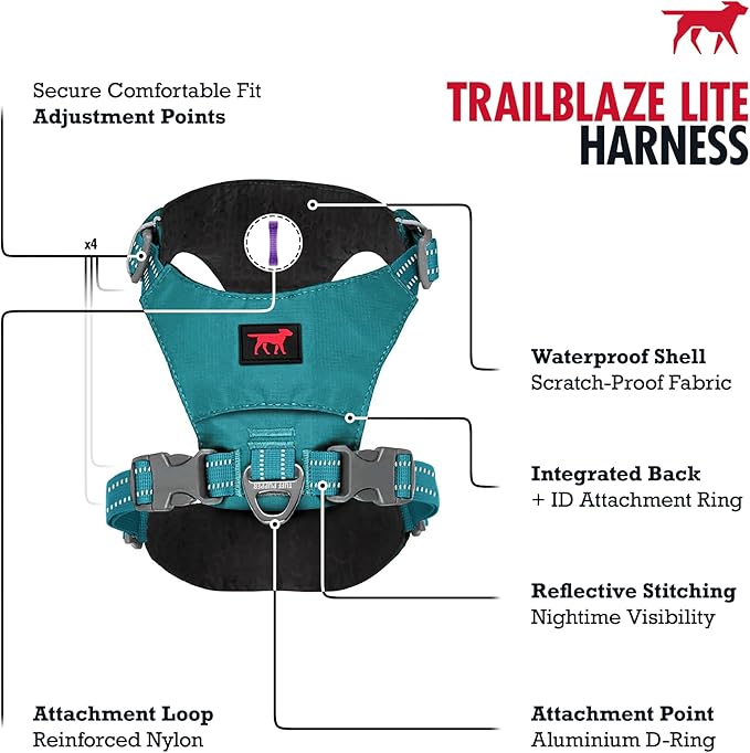 Tuff Pupper All-Day Wear Dog Harness | for Walking, Trail Running, Hiking | Front & Back Leash Clips | Reflective Trim | Easy On/Off Buckles | Lightweight Breathable | No Pull Design (L/XL, Teal)