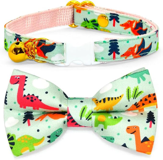 Cute Dinosaur Cat Bow Tie Collar, Sage Green Cat Collar, Breakaway Safety Collar, Wedding/Birthday Cat Accessories