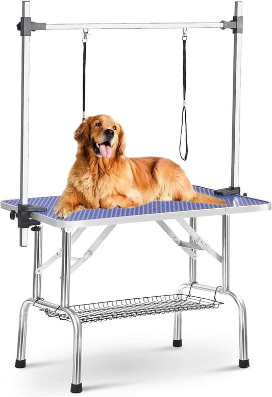 Pet Dog Grooming Table, Adjustable Large Heavy Duty Professional Foldable Trimming Stage with Arms, Noose, Mesh Tray, Maximum Capacity Up to 330LBS, 46''/Blue