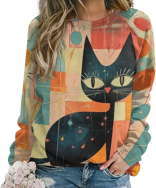 Biacolum Long Sleeve Shirts for Women Mid Century Retro Style Atomic Cat 3D Graphic Sweatshirts Fall Crewneck Pullover Top